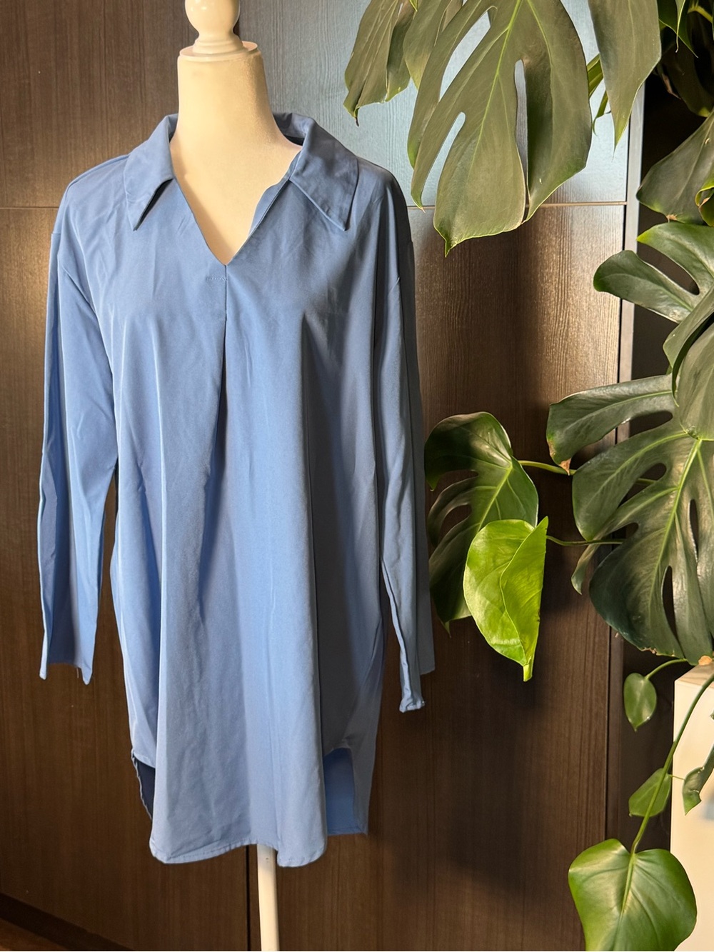 SHEIN Light Blue Long Sleeve V-Neck Collar Blouse
